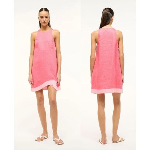 NEW STAUD Allori Linen Dress Coral Paradise/Pearl Pink Asymmetric Hem Size XL - Picture 1 of 12